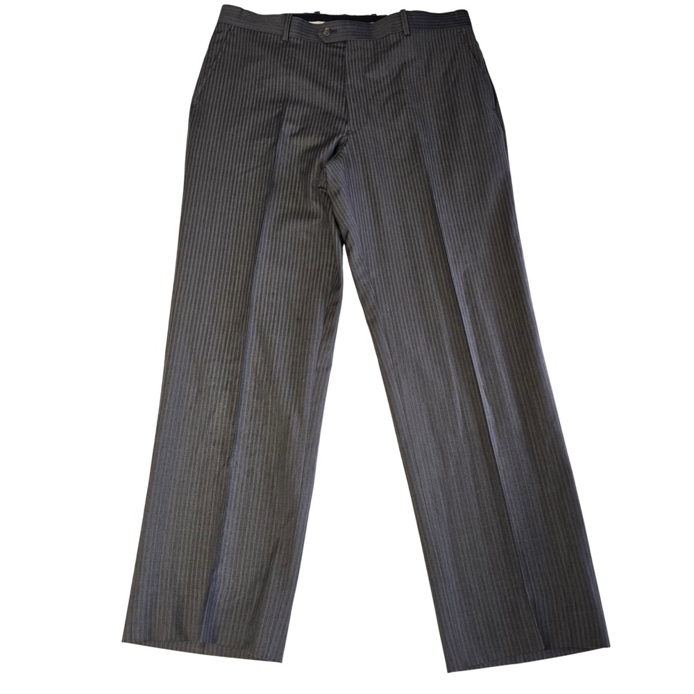 Pronto Uomo Pinstripe Wool Dress Pants Flat Front Grey Herringbone Mens 39x31